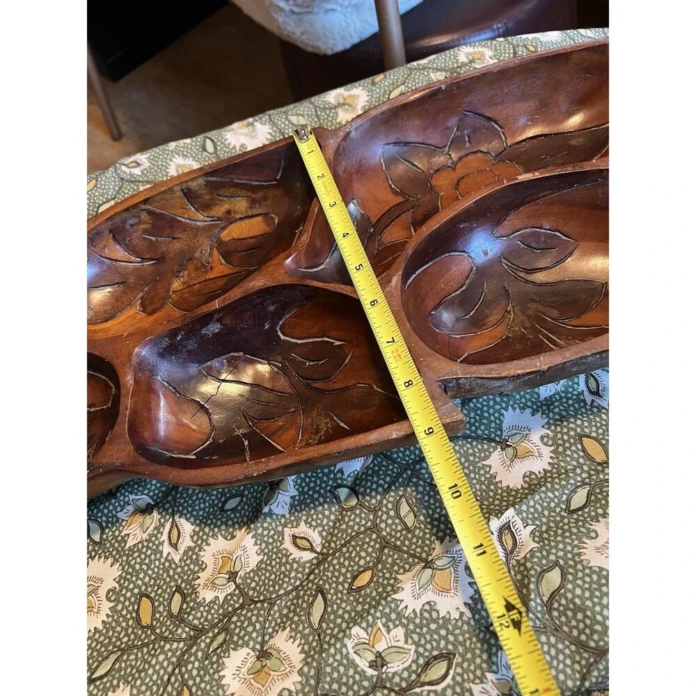 Hand Carved Wood Floral 6-Compartment Serving Tray, Brown Rustic 22 in